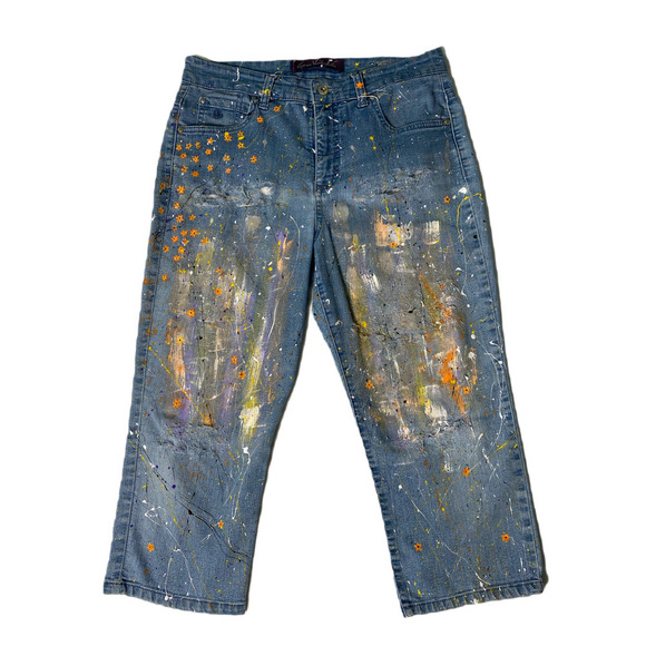 REFRESHED- Gloria Vanderbilt Hand Painted distressed Cropped Denim Jeans - Picture 1 of 7